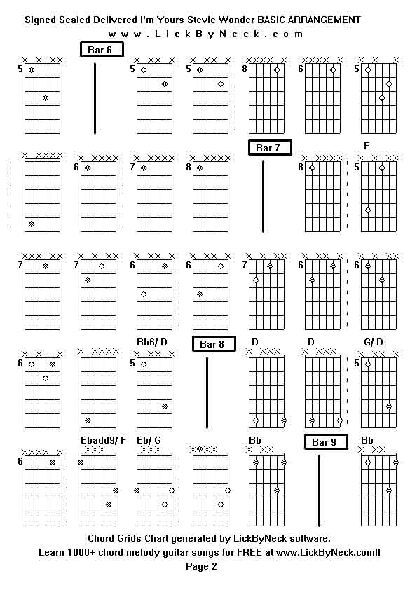 Chord Grids Chart of chord melody fingerstyle guitar song-Signed Sealed Delivered I'm Yours-Stevie Wonder-BASIC ARRANGEMENT,generated by LickByNeck software.